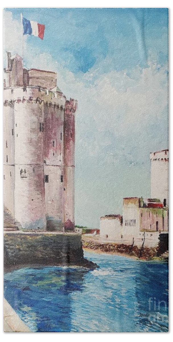 Landscape Beach Towel featuring the painting La Rochelle Towers by Merana Cadorette