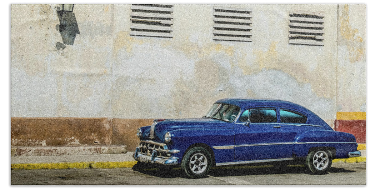 Cuba Beach Towel featuring the photograph La voiture bleue... Street photo, Havana. Cuba by Lie Yim