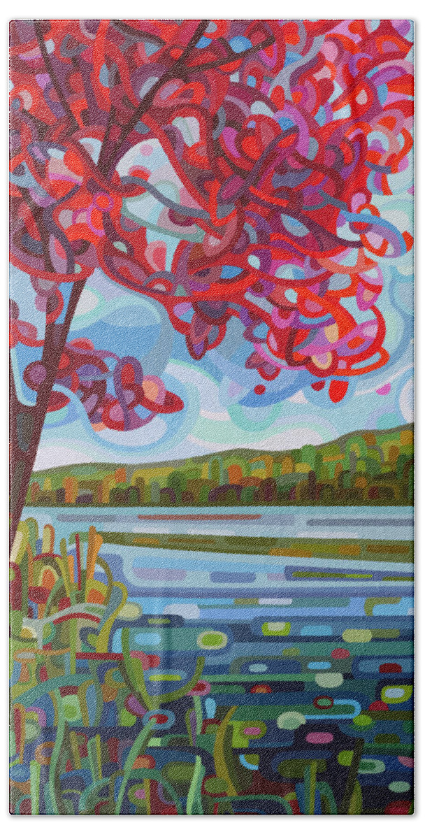 Fall. Red Maple Beach Towel featuring the painting Lady in Red by Mandy Budan