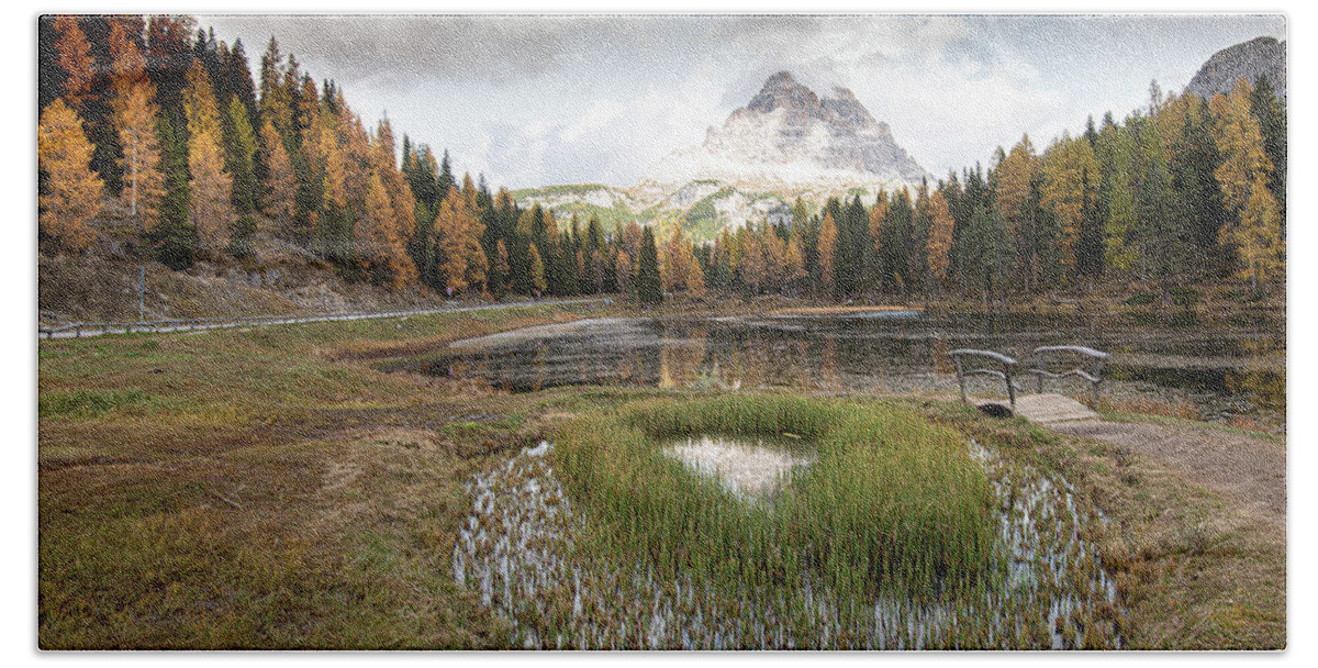 Lago Di Antorno Beach Towel featuring the photograph Lago di antorno lake and Tre cime di lavadero mountain reflection in autumn. Forest landscape South tyrol Italy by Michalakis Ppalis