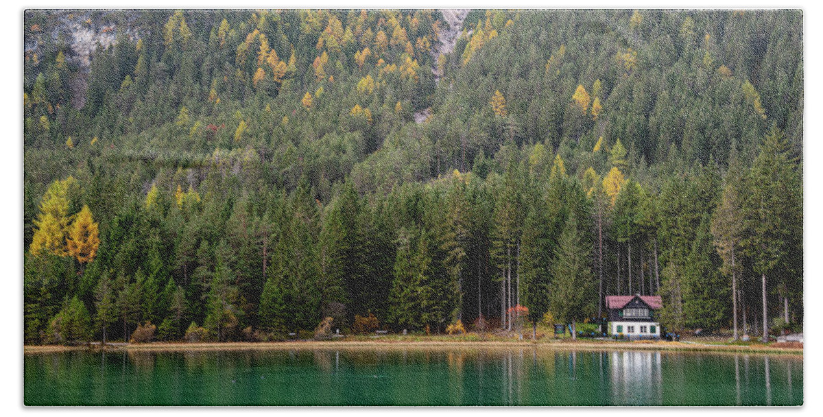 Italy Beach Towel featuring the photograph House in the lake and forest. Lago di dobbiaco lake. Italian aps by Michalakis Ppalis
