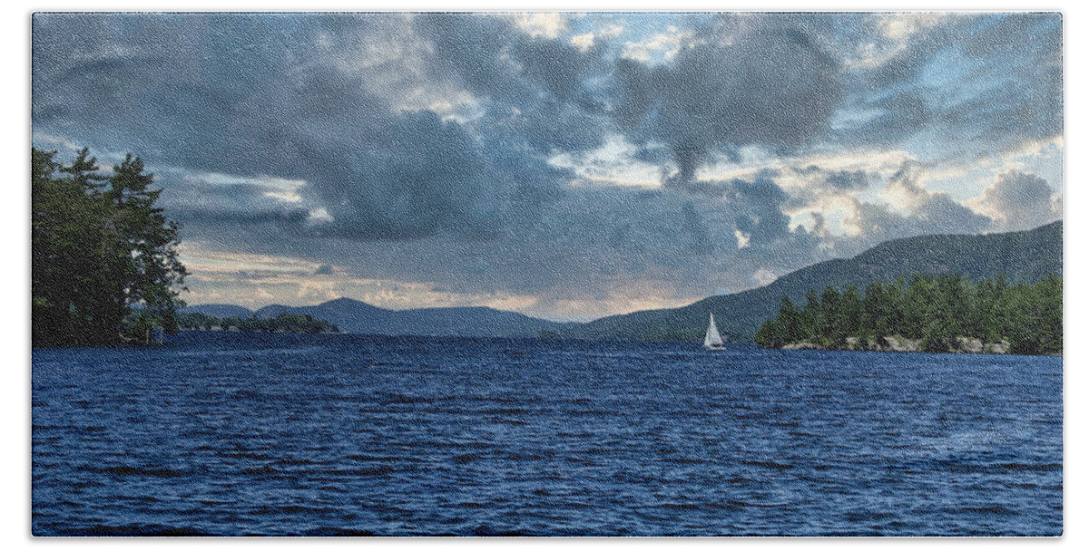 Boat Beach Towel featuring the photograph Lake George Sailboat and Storm Clouds by Russel Considine