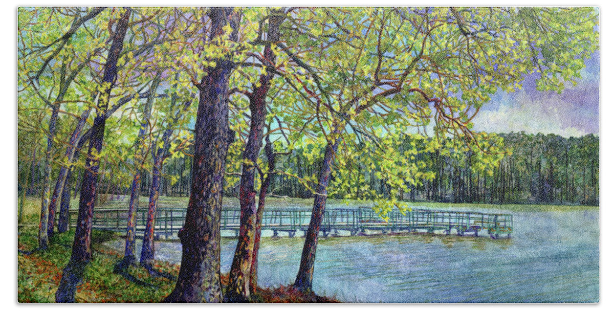 Texas Park Beach Towel featuring the painting Lake Raven in Spring, Huntsville State Park by Hailey E Herrera
