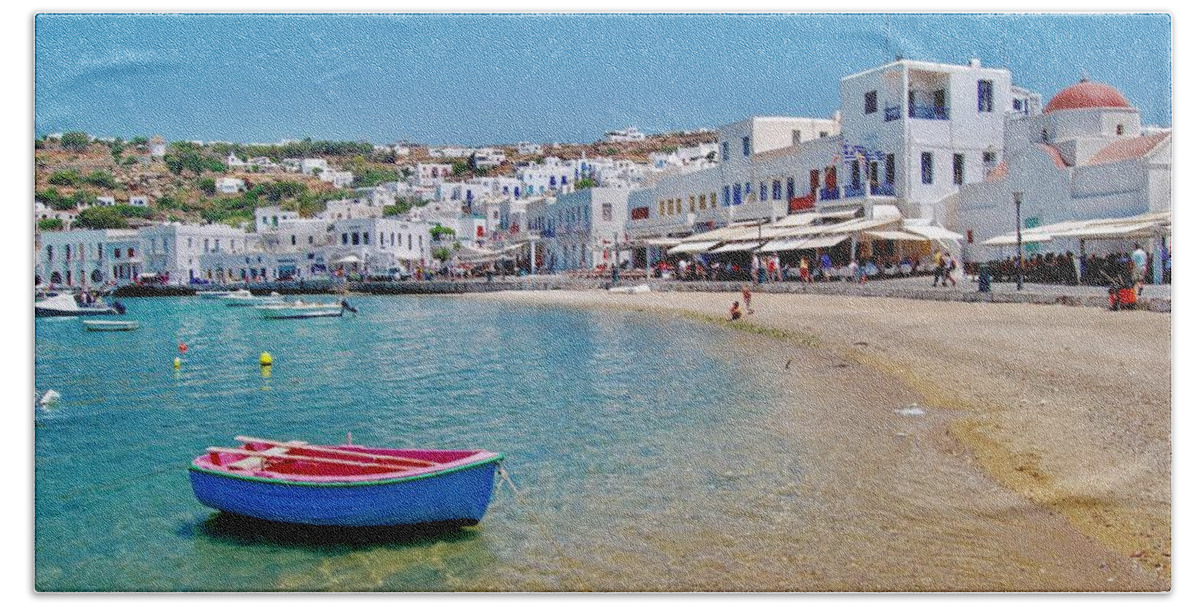 Boat Beach Towel featuring the photograph Landed in Mykonos by Michael Descher
