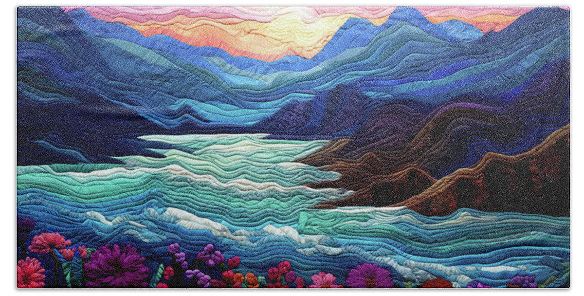Landscapes Beach Towel featuring the digital art Landscape at Sunset - Quilted Effect by Peggy Collins
