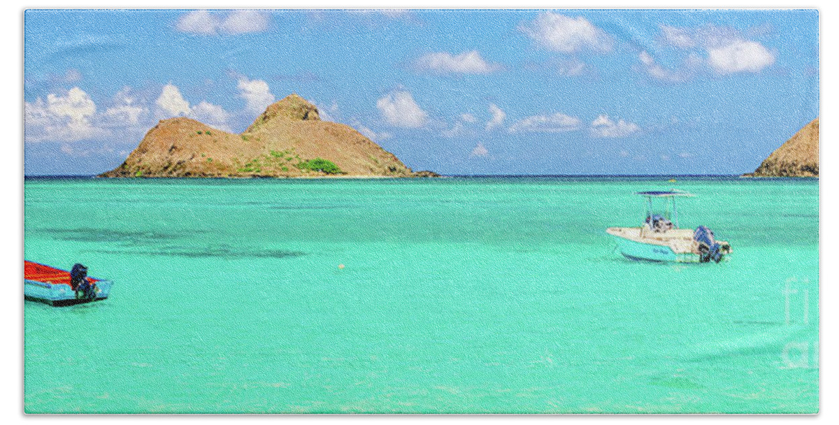 Lanikai Beach Beach Towel featuring the photograph Lanikai Beach two Boats and Two Mokes 3 to 1 Aspect Ratio by Aloha Art