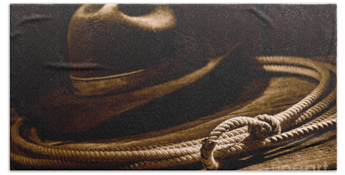 Cowboy Beach Towel featuring the photograph Lariat and Hat - Sepia by Olivier Le Queinec