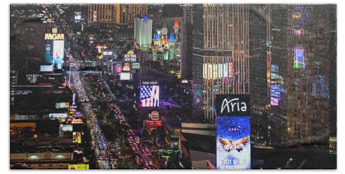 Las Vegas Beach Towel featuring the photograph Las Vegas Strip at Night Aerial View by David Oppenheimer