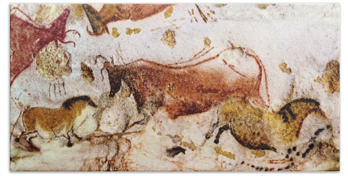 Lascaux Beach Sheet featuring the digital art Lascaux Cow and Horses by Weston Westmoreland