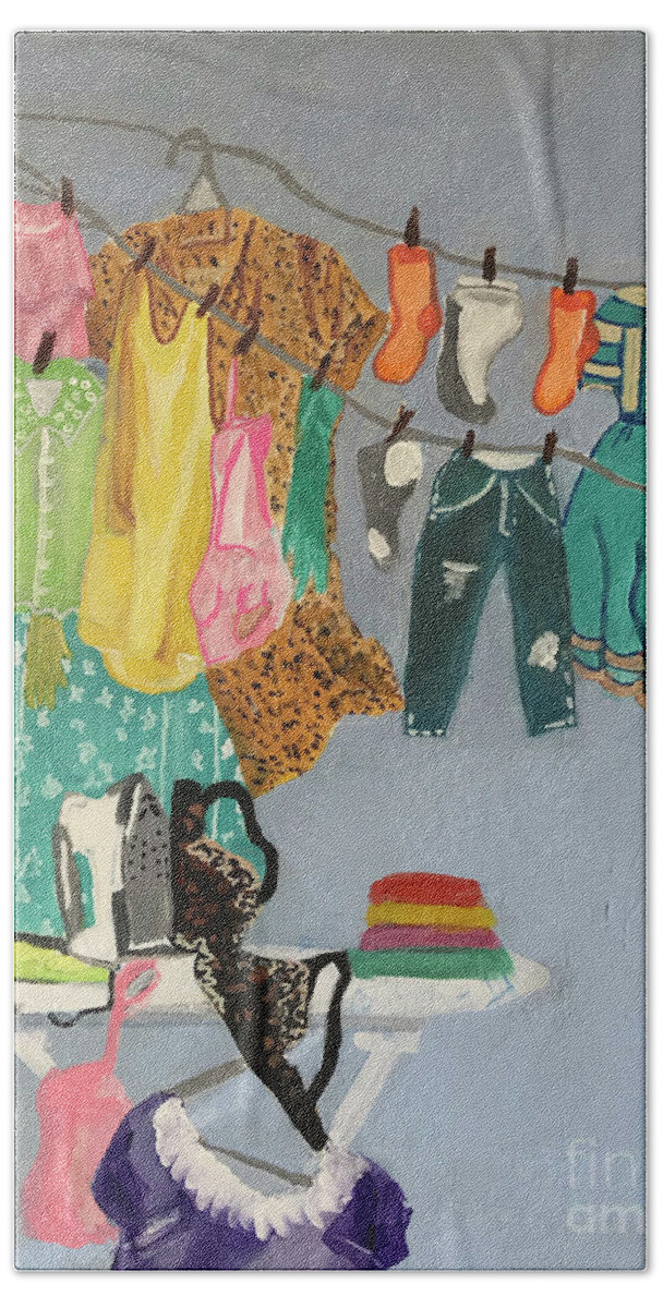 Domestic Chaos During Covid Beach Towel featuring the painting Laundry Day by Theresa Honeycheck