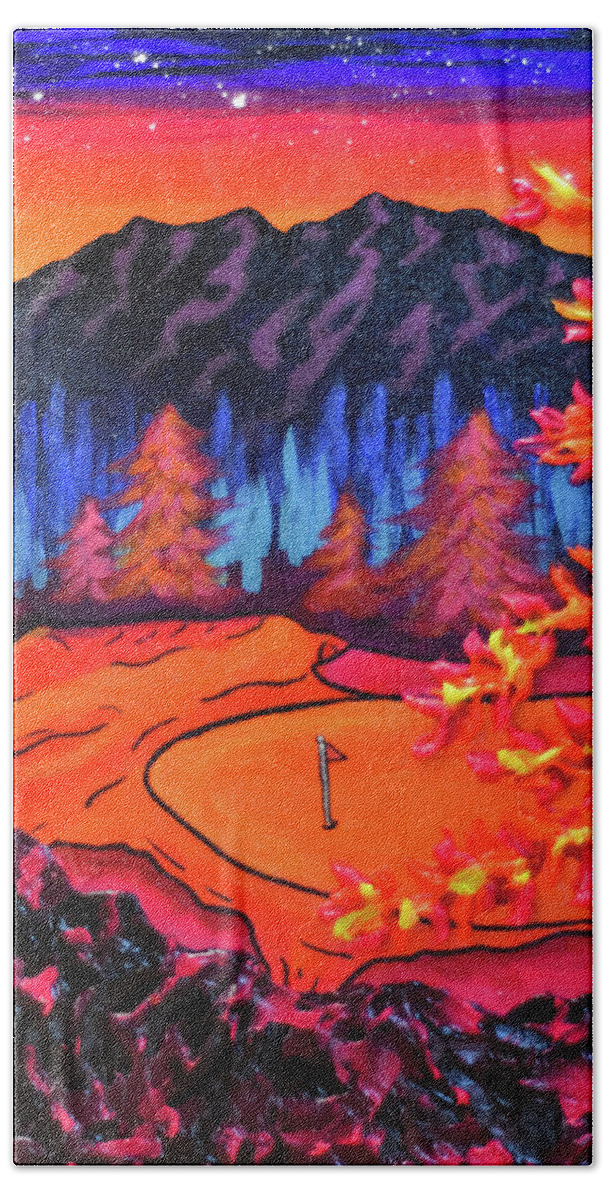 Golf Beach Towel featuring the painting Lava on Hole 9 by Ashley Wright