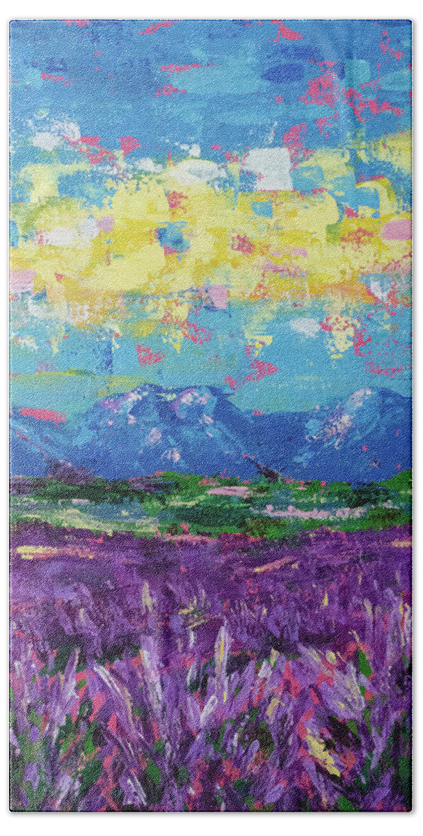 Landscape Beach Towel featuring the painting Lavender Fields Forever by Ashley Wright