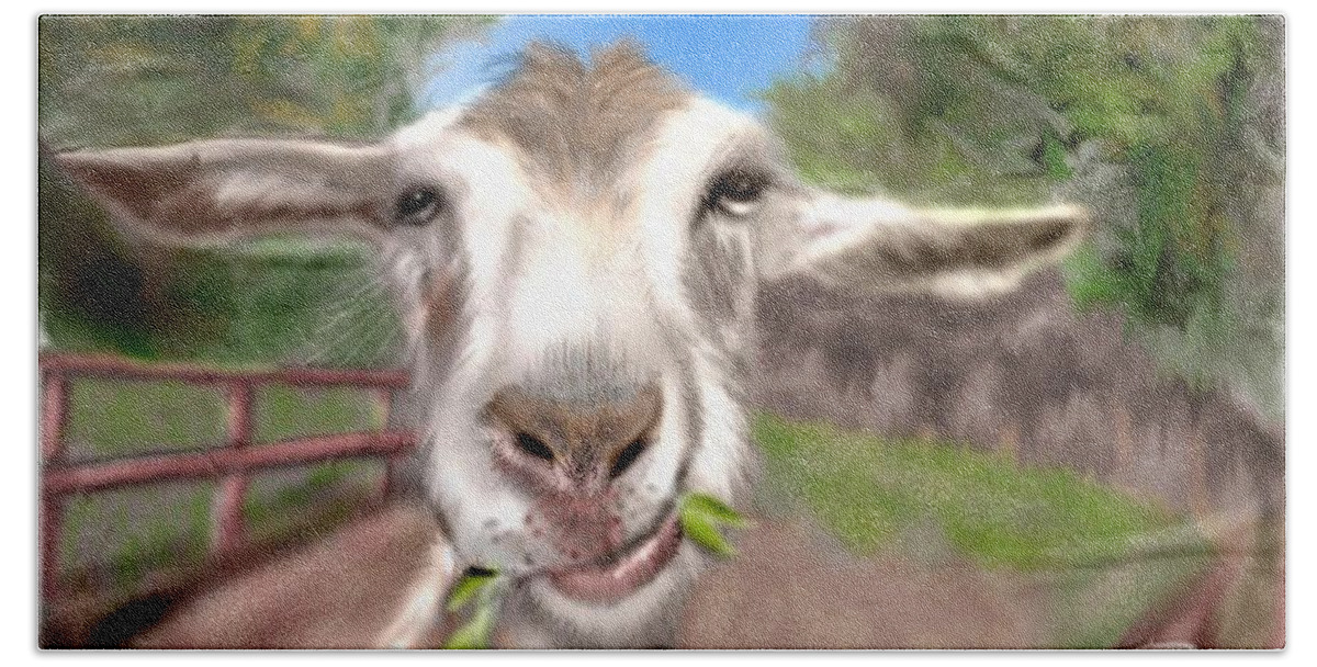Goat Chewing Country Funny Goat Pencil Sketched Digitally Colored Beach Towel featuring the mixed media Le Goat by Pamela Calhoun