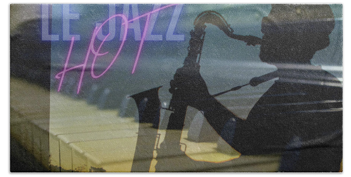 Jazz; Saxophone; Piano; Piano Keys; Music; Musician; Neon; Double Exposure; Silhouette; Horizontal; Moody; Shadows; Beach Towel featuring the photograph Le Jazz Hot by Tina Uihlein