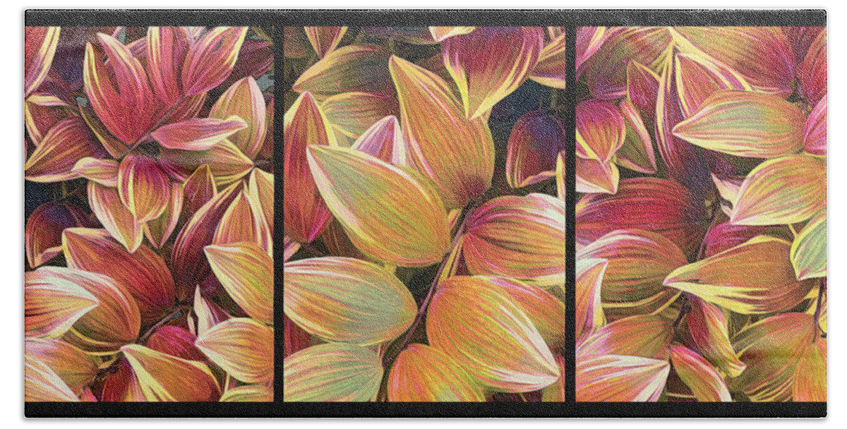 Leaves Beach Towel featuring the mixed media Leaves Triptych by Ann Powell