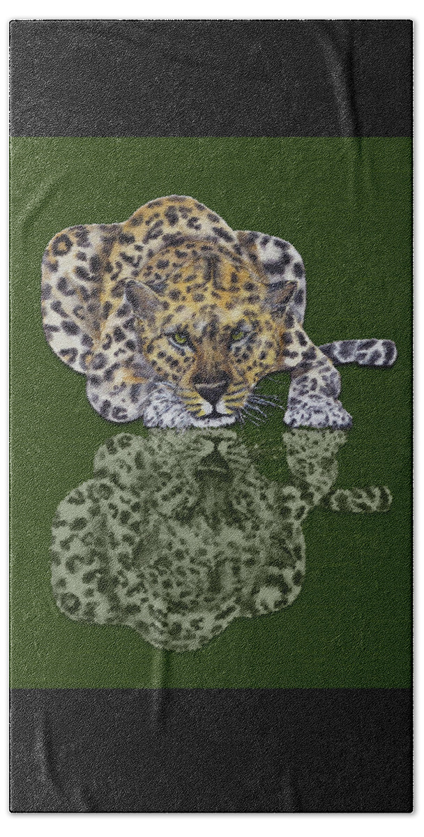 Leopard Beach Towel featuring the mixed media Leopard's Reflection by Kelly Mills