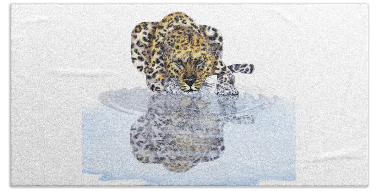 Leopard Beach Towel featuring the mixed media Leopard's Reflection - Minimalism by Kelly Mills