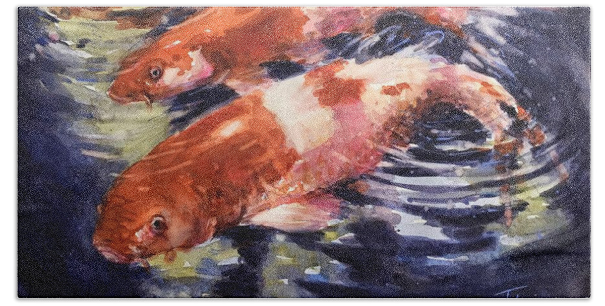 Koi Beach Towel featuring the painting Lets go Swimming Under the Stars Tonight by Judith Levins