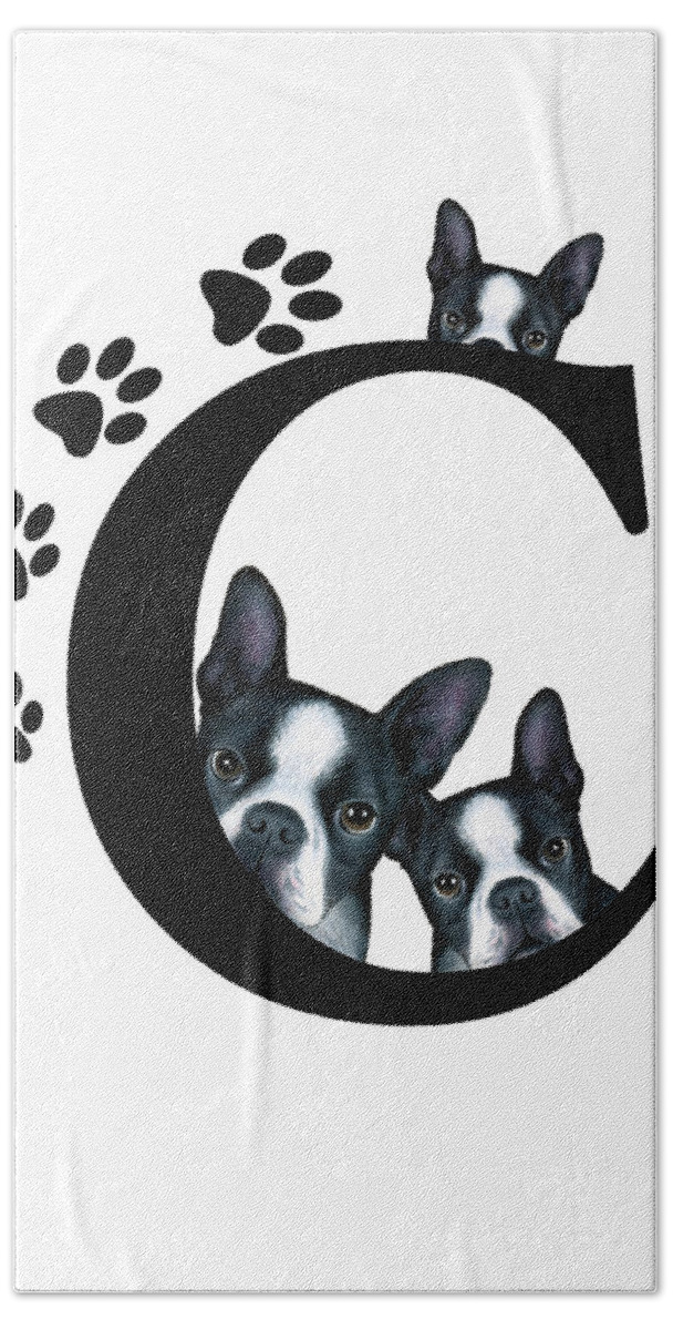 Letter C Beach Towel featuring the mixed media Letter C Monogram Boston Terrier Dogs by Lucie Dumas