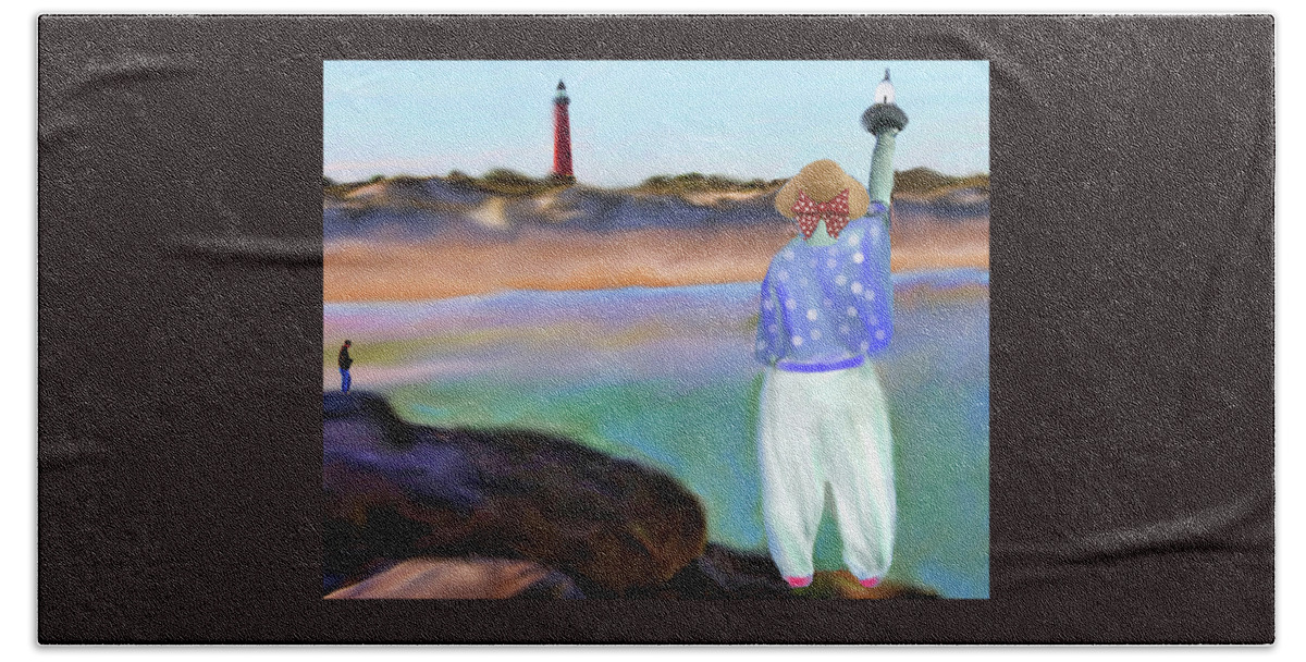Liberty Beach Towel featuring the painting Liberty Sees the Ponce Inlet Lighthouse by Deborah Boyd