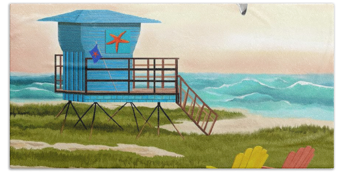 Lifeguard Station Blue Beach Towel featuring the painting Lifeguard Station Blue by Jackie Case