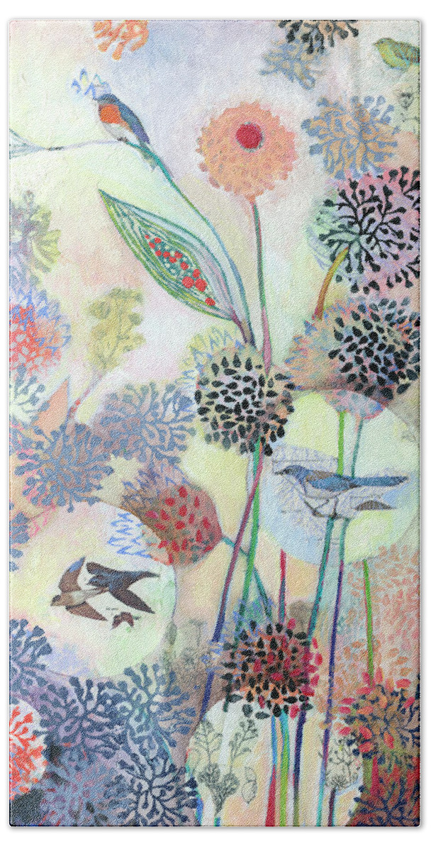 Floral Beach Towel featuring the mixed media Lifting Up and Letting Go into the Light of the Song by Jennifer Lommers