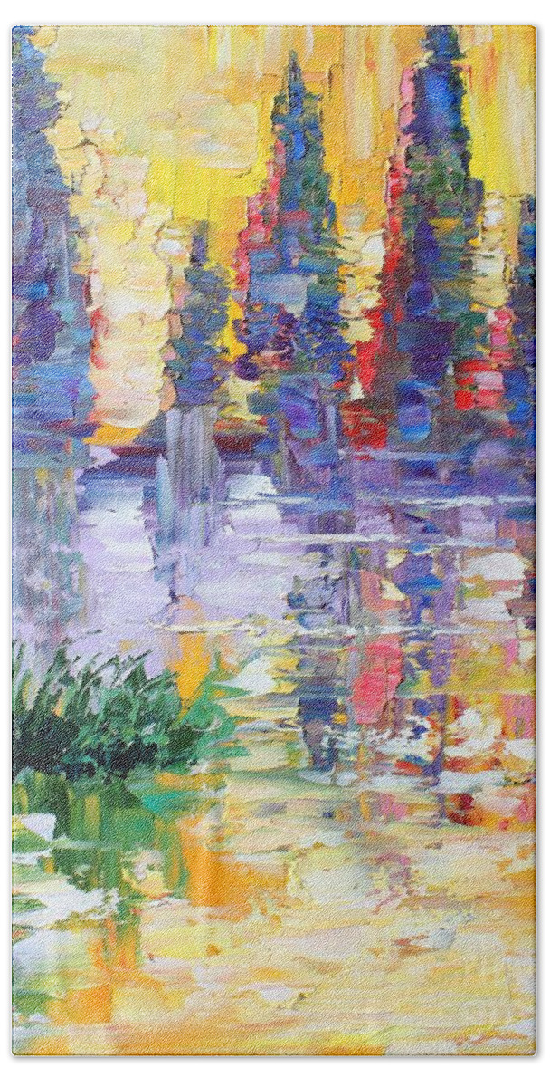 Abstract Art Beach Towel featuring the painting Light on the Lake Abstract by Karen Tarlton