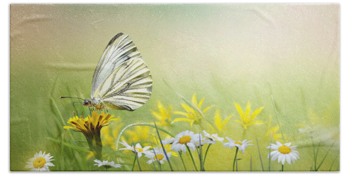 White Butterfly Beach Sheet featuring the mixed media Light Wings by Morag Bates