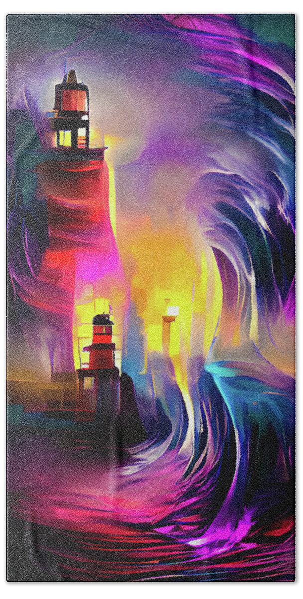 Lighthouse Beach Towel featuring the digital art Lighthouse 02 Huge Waves by Matthias Hauser