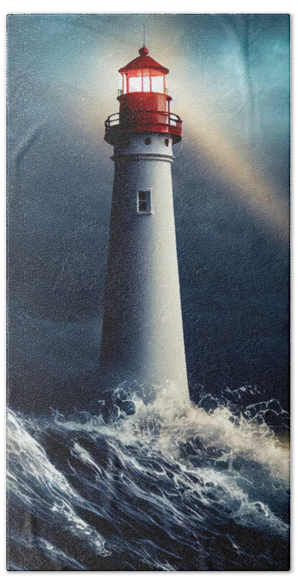 Lighthouse Beach Towel featuring the digital art Lighthouse 09 Ocean Waves by Matthias Hauser