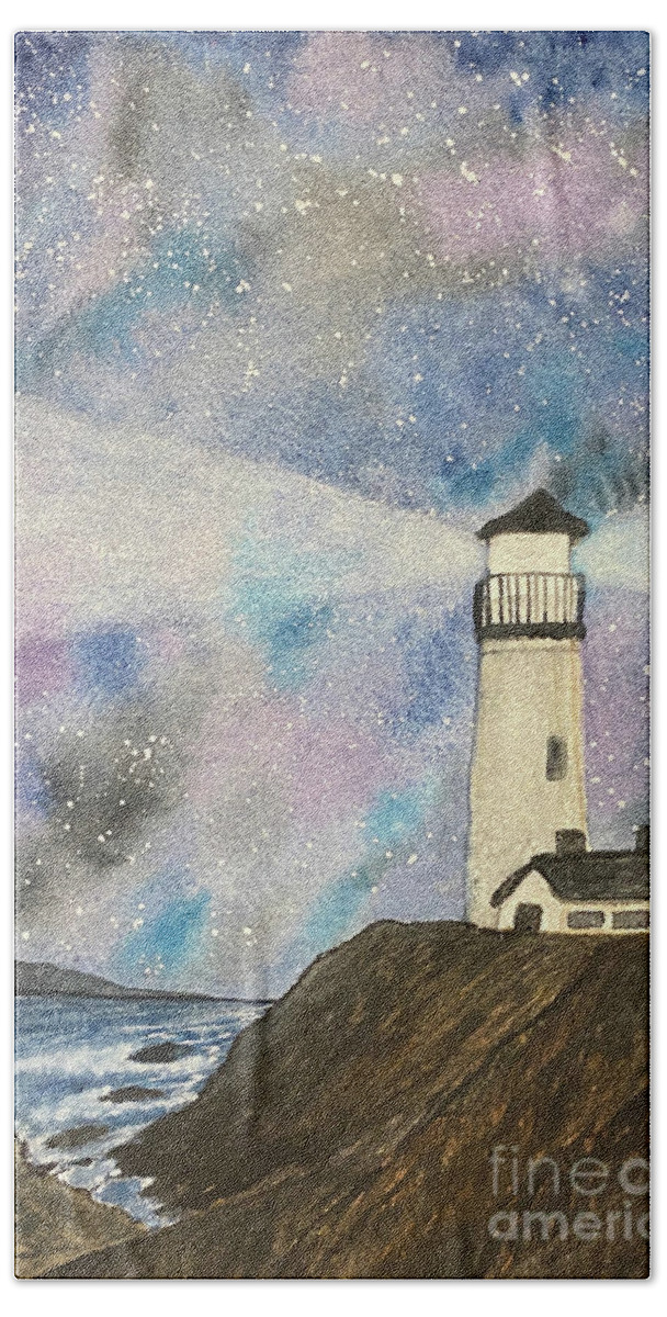 Lighthouse Beach Towel featuring the painting Lighthouse at Night by Lisa Neuman