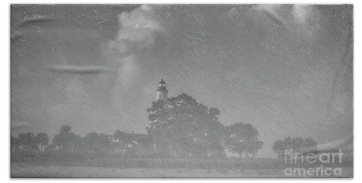 Lighthouses Beach Towel featuring the photograph Lighthouse Draped In Fog by DB Hayes