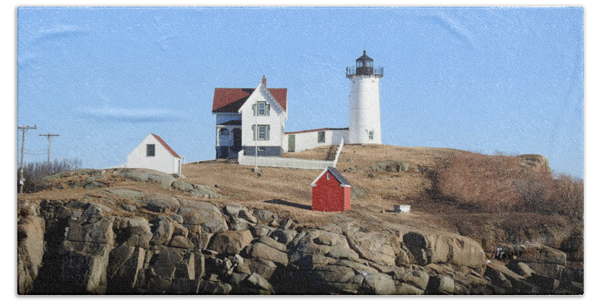 Maine Beach Towel featuring the photograph Lighthouse in Cape Neddick by Eunice Miller