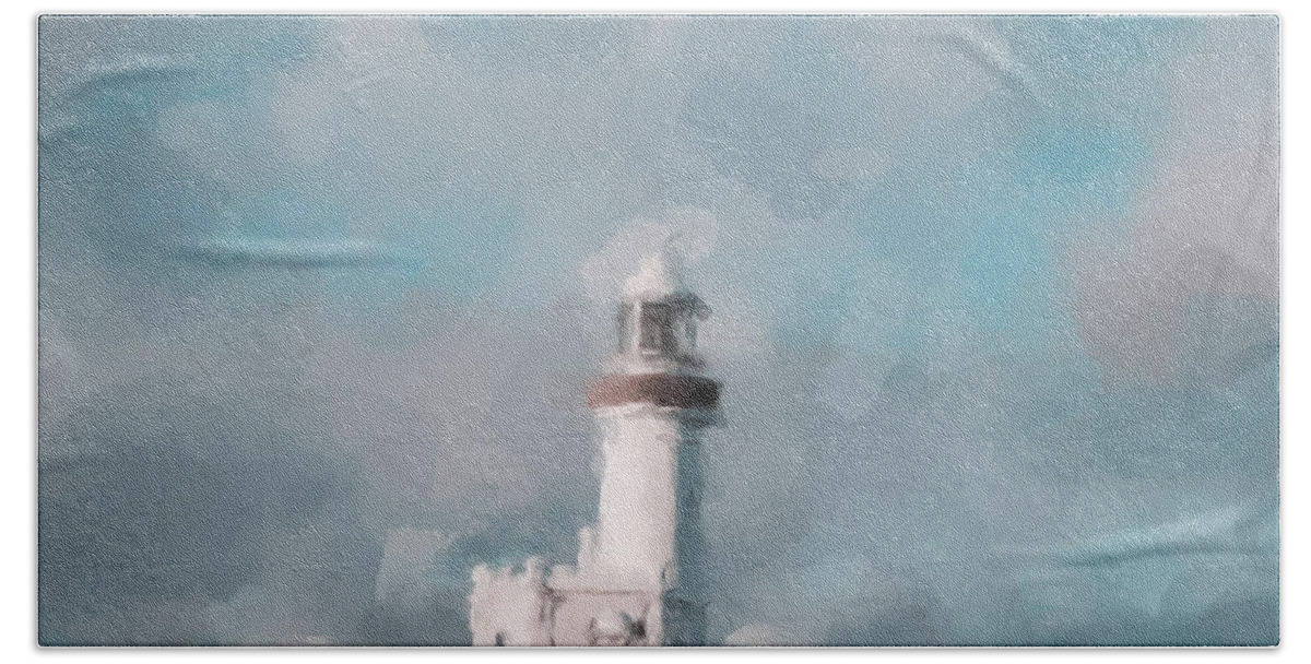 Lighthouse In The Clouds Beach Towel featuring the painting Lighthouse in the Clouds by Gary Arnold