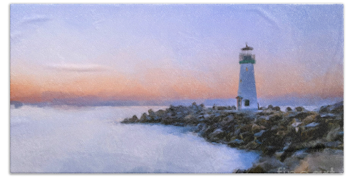  Beach Towel featuring the painting Lighthouse Sunrise by Gary Arnold