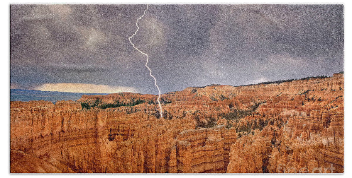 Dave Welling Beach Towel featuring the photograph Lightning Storm Over Hoodoos Bryce Canyon National Park by Dave Welling