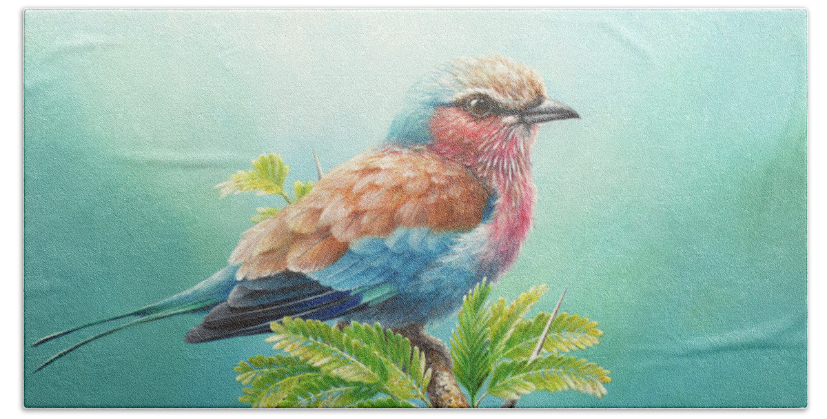 Lilac-breasted Roller Beach Sheet featuring the painting Lilac-breasted Roller with acacia by Christopher Cox