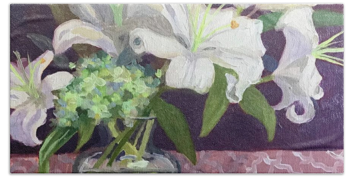 Lily Beach Towel featuring the painting Lillies on Pink by Anne Marie Brown