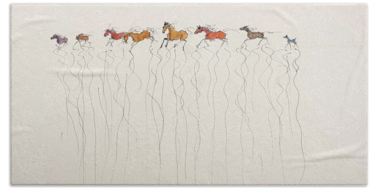 Horse Beach Towel featuring the painting Line Of Horses by Elizabeth Parashis