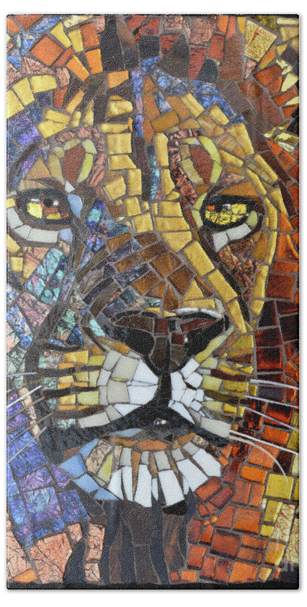 Cynthie Fisher Beach Towel featuring the painting Lion Glass Mosaic by Cynthie Fisher