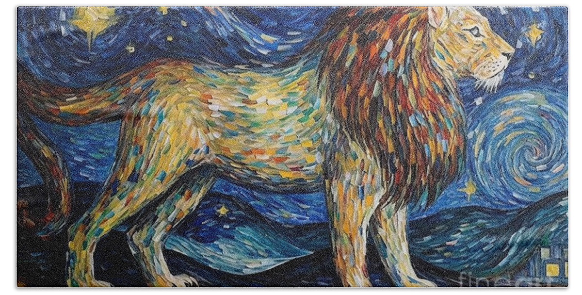 Drawing Beach Towel featuring the painting Lion Starry Night Paintng by N Akkash