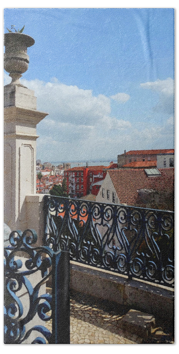 Principe Real Beach Towel featuring the digital art Lisbon Principe Real District Historical Downtown View On Tagus River And Roofs  by Irina Sztukowski