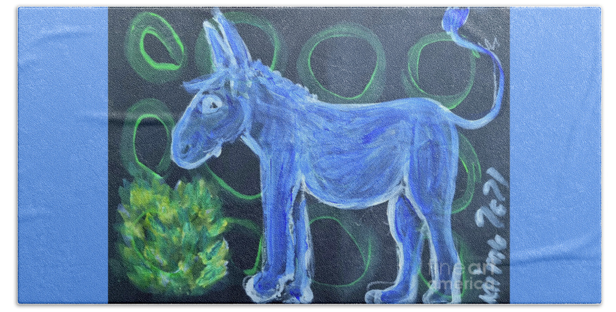 Donkey Beach Towel featuring the painting Little Blue Donkey by Mimulux Patricia No