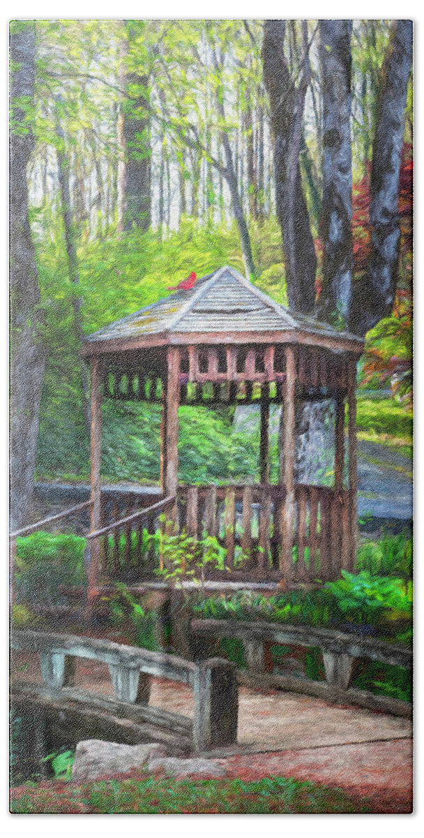 Barns Beach Towel featuring the photograph Little Bridge at the Garden Gazebo Painting by Debra and Dave Vanderlaan