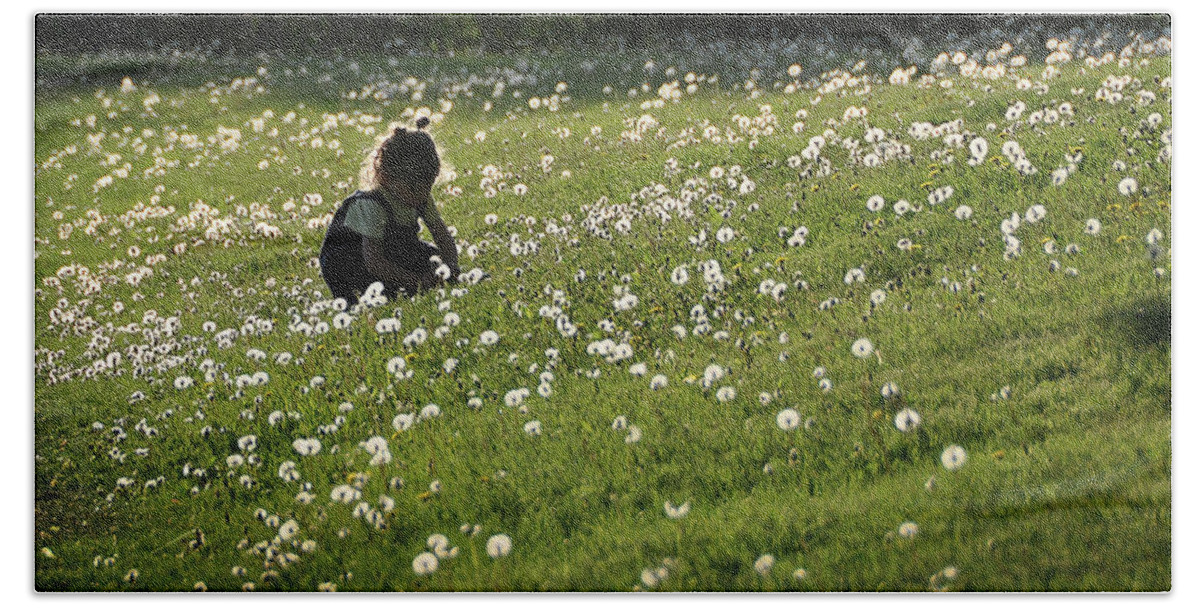 Girl Beach Towel featuring the photograph Little Girl in Dandelion Field by Louise Tanguay