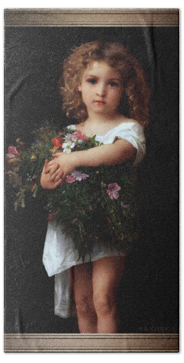 Little Girl With Flowers Beach Towel featuring the painting Little Girl With Flowers by William-Adolphe Bouguereau by Rolando Burbon