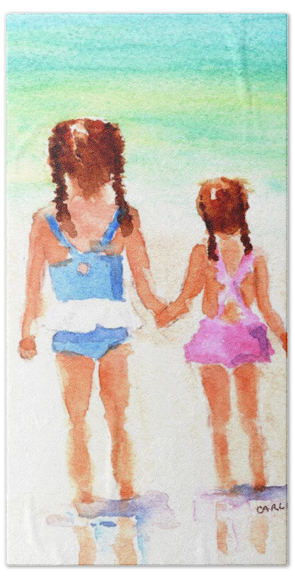 Little Sisters Beach Towel featuring the painting Little Girls at the Beach by Carlin Blahnik CarlinArtWatercolor