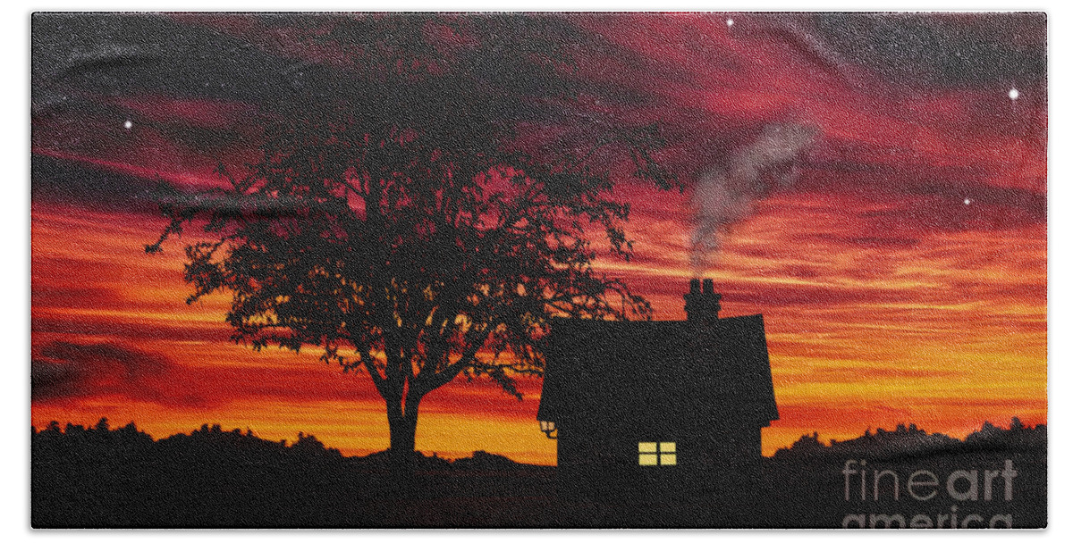 Little House At Sunset Beach Towel featuring the painting Little House At Sunset by Two Hivelys