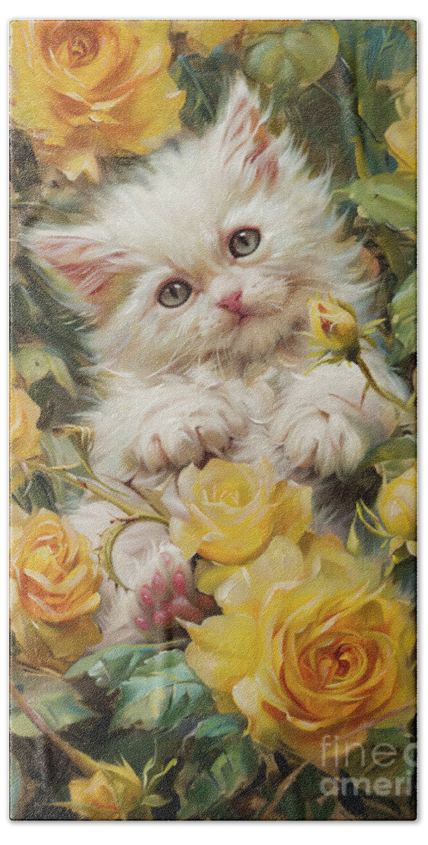  Cat Beach Towel featuring the painting Little Kitten In The Roses by Tina LeCour