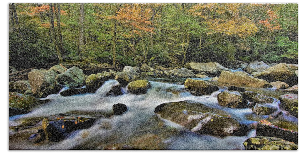 Chimneys Picnic Area Beach Towel featuring the photograph Little Pigeon River-Chimney Tops 2 by Dennis Nelson